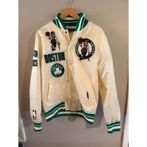 Pro Standard Boston Celtics Varsity Jacket Mens Large Cream Green Satin NBA Patc